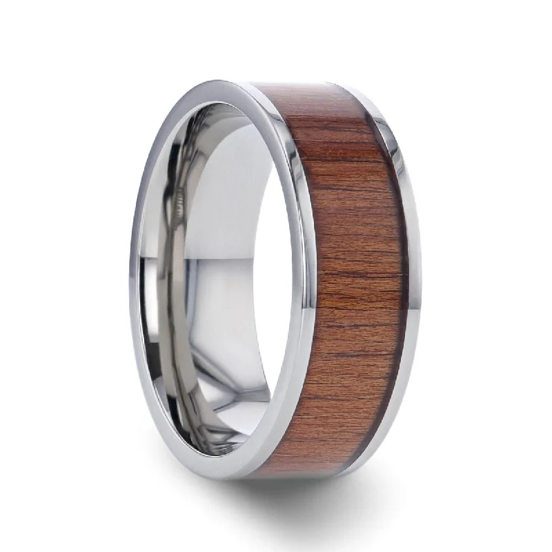 vintage-inspired engagement rings for women-HONUA | Silver Titanium Ring, Koa Wood Inlay, Flat