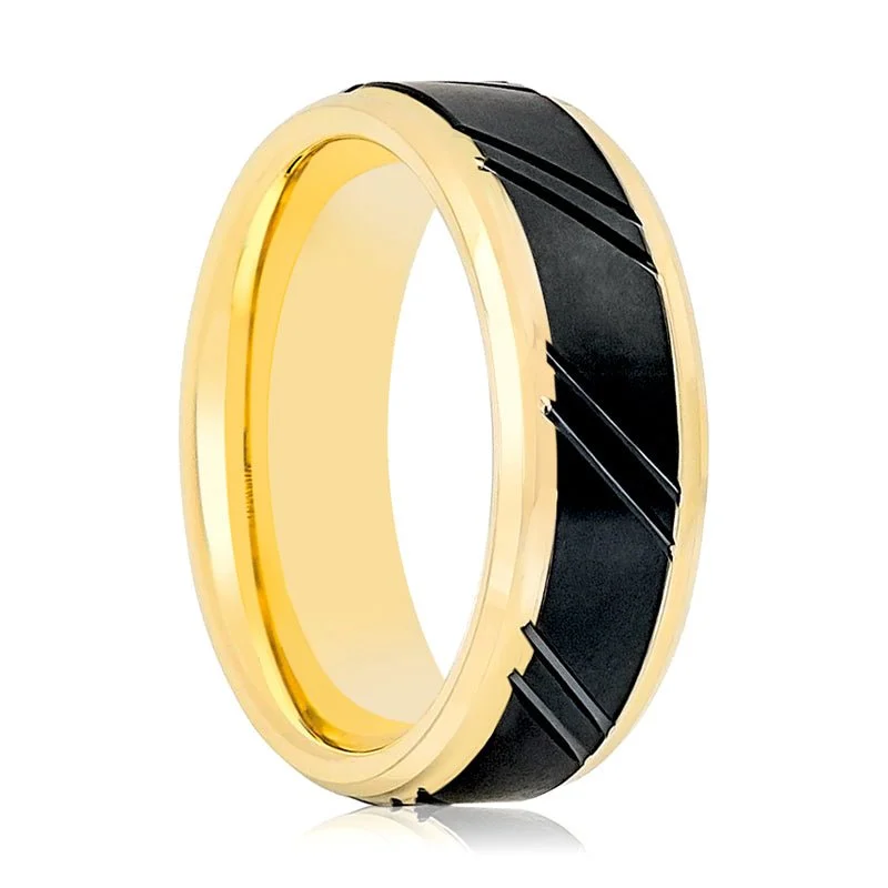 sapphire engagement rings for women-Yellow Gold Ring Stepped Edge with Black Diagonally Grooved Center Brushed Finish