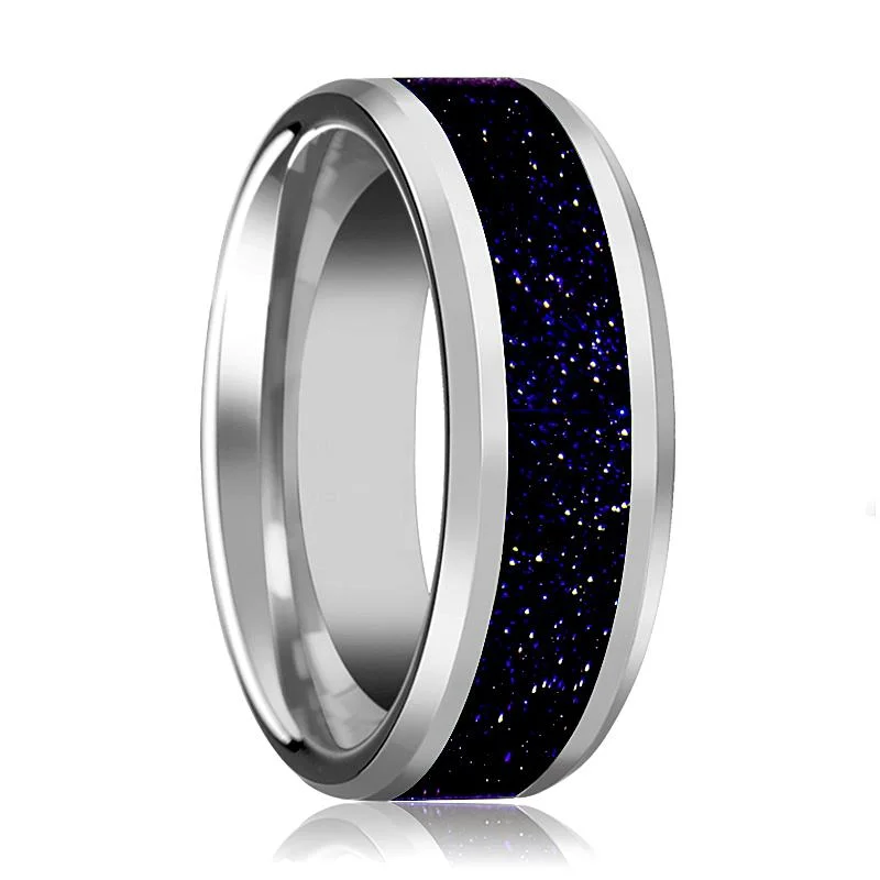 luxury solitaire engagement rings for women-MAKI | Tungsten Ring, Purple Gold Stone Inlay, Beveled