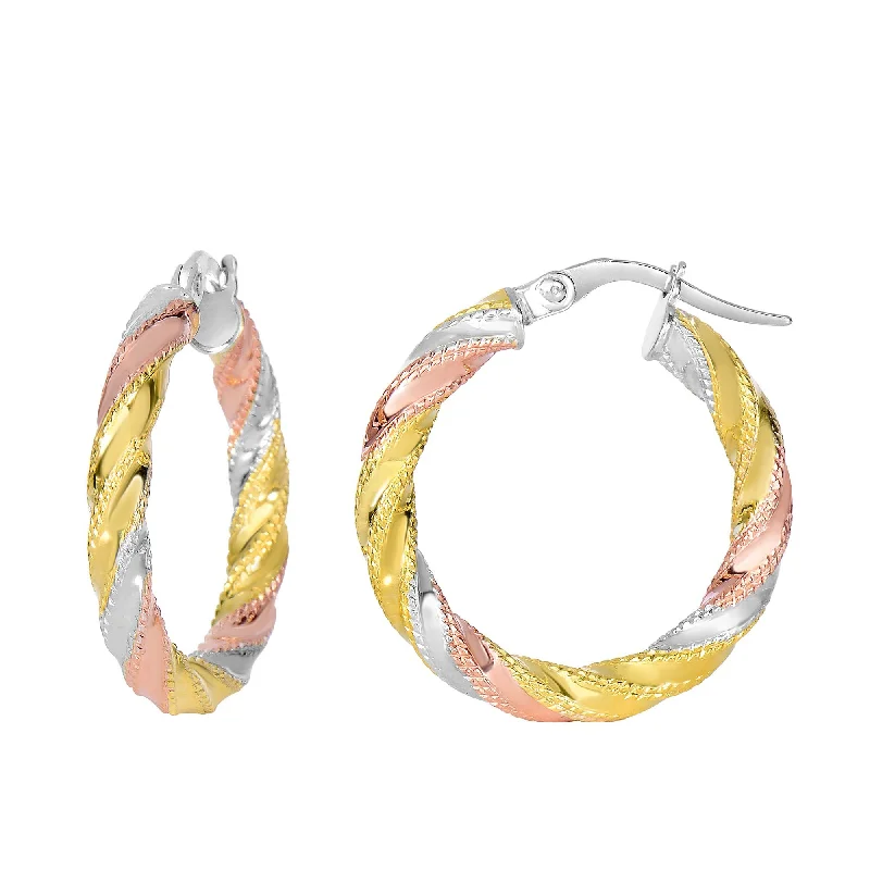 crystal earrings for women-14K Yellow And White Rose Gold Twisted Round Hoop Earrings, Diameter 20mm