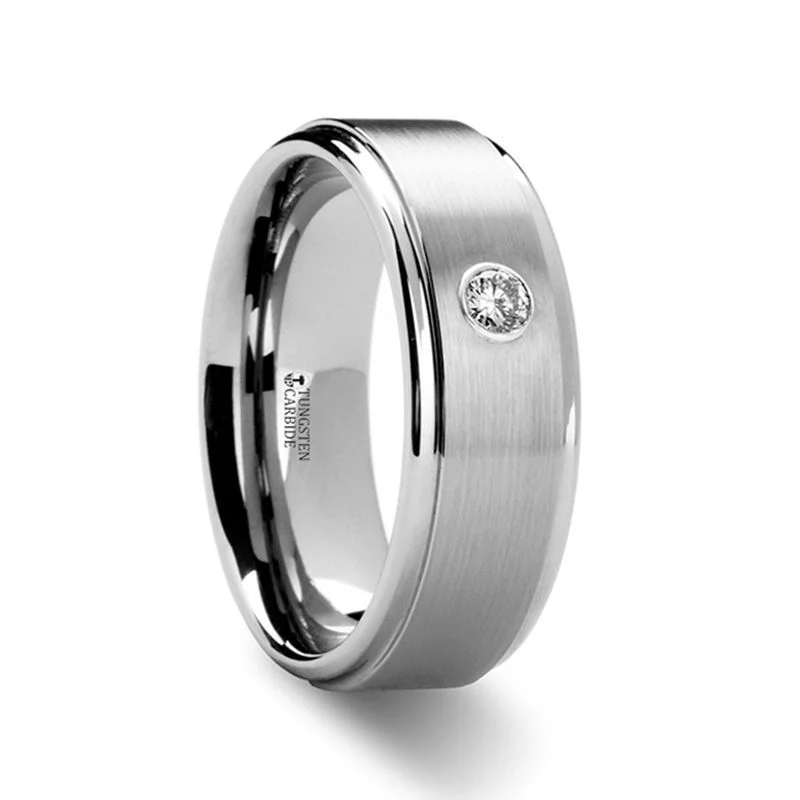 custom engagement rings for women-BRIGHTON | Silver Tungsten Ring, Diamond, Stepped Edges