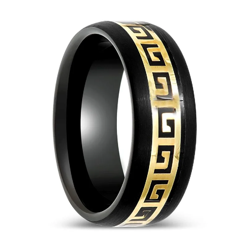 top engagement rings for women-ERDIL | Black Tungsten Ring with Yellow Greek Key Inlay