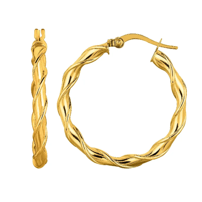 trendy stud earrings for women-14K Yellow Gold Round Type Twisted Hoop Earrings, Diameter 28mm