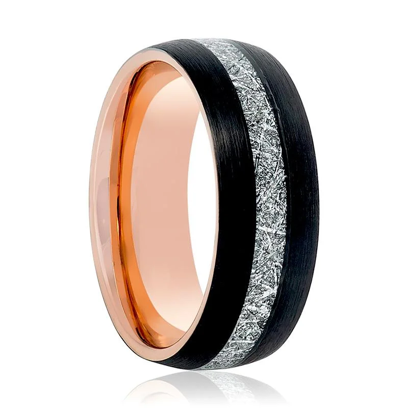 timeless engagement rings for women-COMET | Rose Gold Tungsten Ring, Imitation Meteorite Inlay, Domed