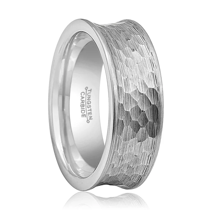 oval diamond engagement rings for women-DECIUS | Silver Tungsten Ring, Hammered, Concave