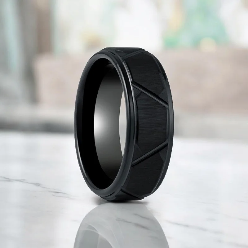 engagement rings with colored stones for women-TERRANCE | Black Tungsten Ring, Trapezoids Design, Stepped Edge