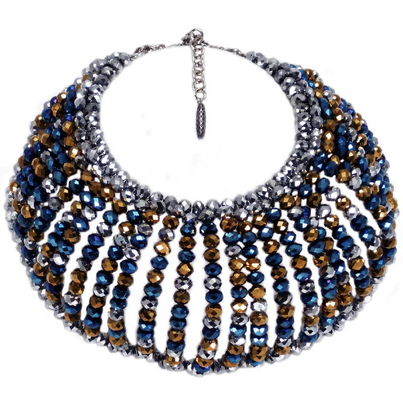 unique design necklaces for women-#1070n Hematite, Blue & Bronze Glass Bead Oversized Collar Necklace