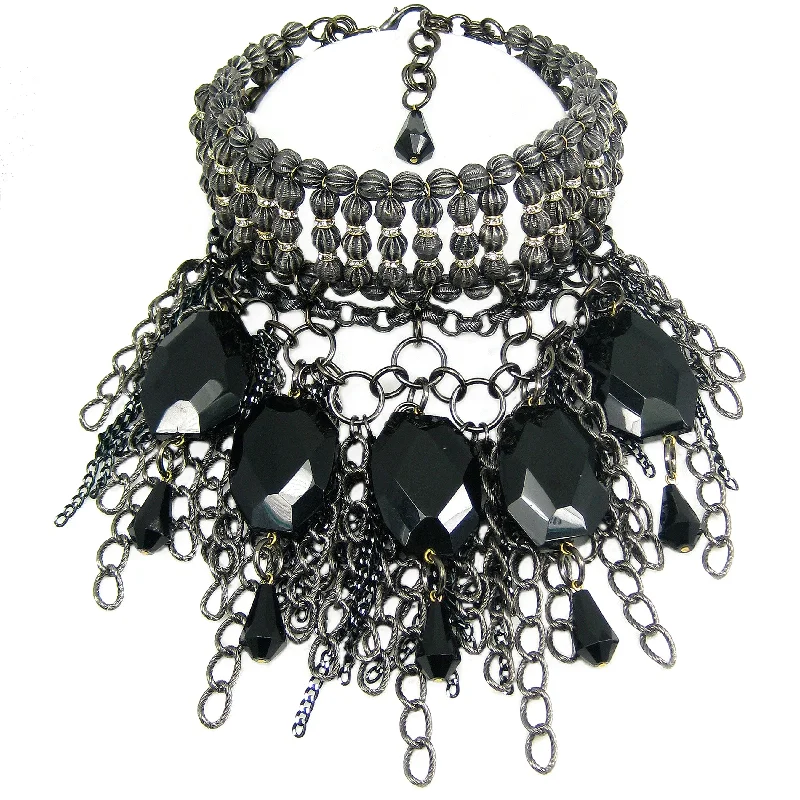 luxury diamond necklaces for women-#870n Gunmetal, Jet & Rhinestone Choker/Bib Necklace With Chain Fringe