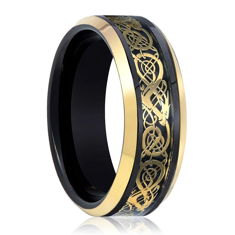 round-cut engagement rings for women-JETEK | Black Tungsten Ring, Gold Celtic Cut-Out Design, Gold Beveled