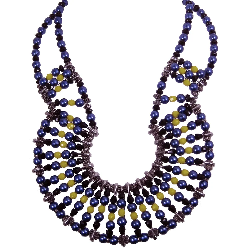 minimalist necklaces for women-#1052n Black, Cobalt Blue, Yellow & Silver Tone Safety Pin Bib Necklace