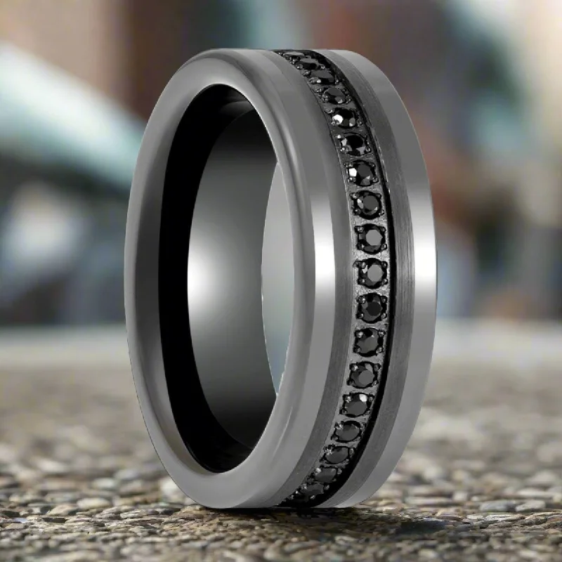 diamond engagement rings for women-INFINITUM | Gun Metal Tungsten Ring, Black CZ Eternity, Flat