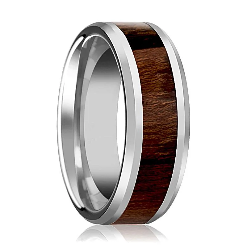 pear-shaped engagement rings for women-DACIAN | Silver Tungsten Ring, Carpathian Wood Inlay, Beveled