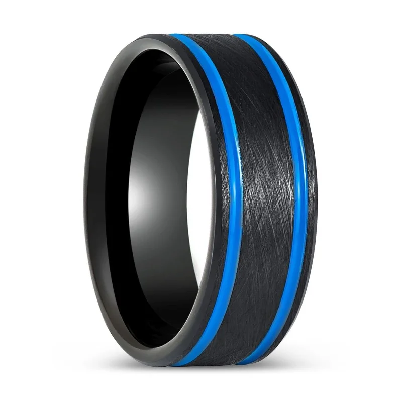 silver engagement rings for women-CASTOR | Black Tungsten Ring Blue Off Center Grooves