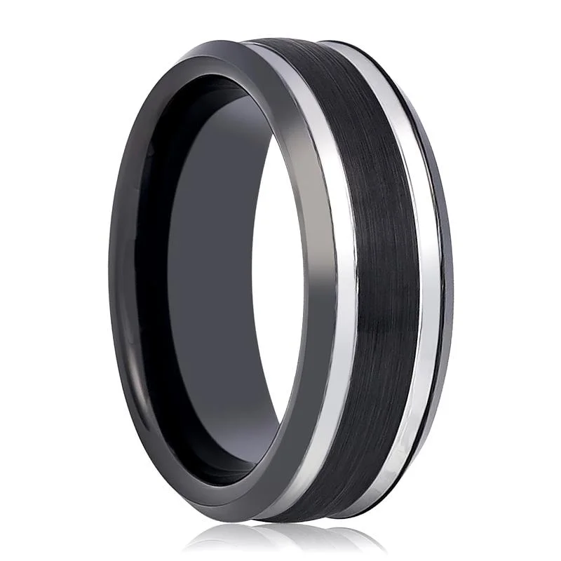 gemstone engagement rings with diamonds for women-VELUTUS | Black Tungsten Ring, Two Silver Grooves, Beveled