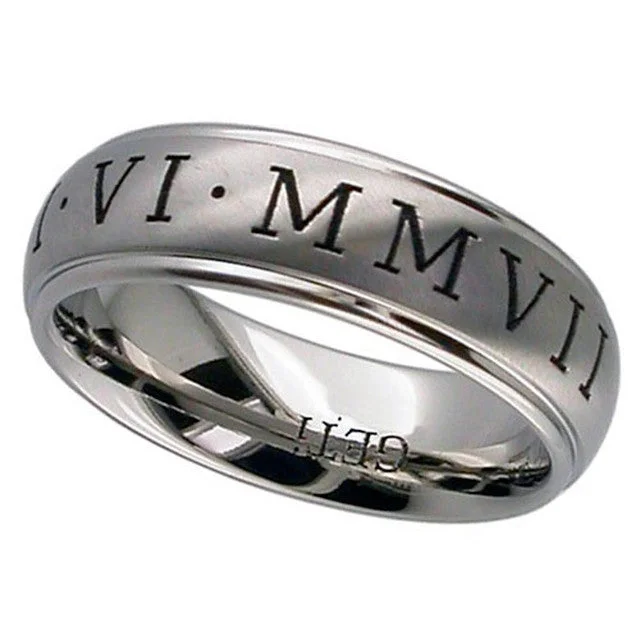 best selling engagement rings for women-Titanium Wedding Ring With Roman Numerals - 2205RN