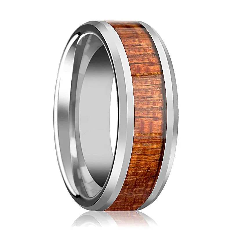 split shank engagement rings for women-KHAYA | Silver Tungsten Ring, Mahogany Hard Wood Inlay, Beveled