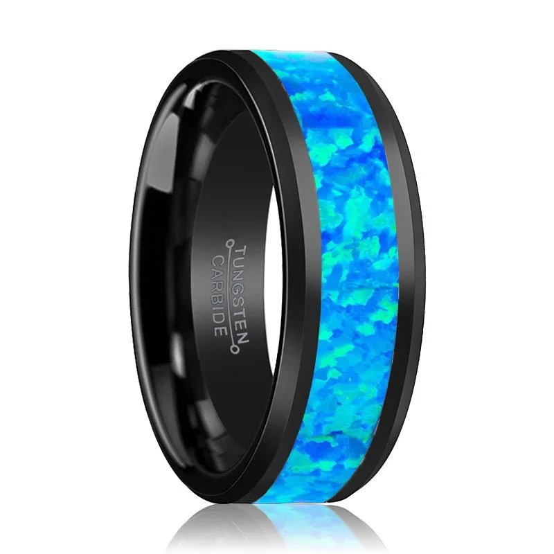 trendy engagement rings for women-TRANQUIL | Black Tungsten Ring, Blue Opal Inlay, Beveled