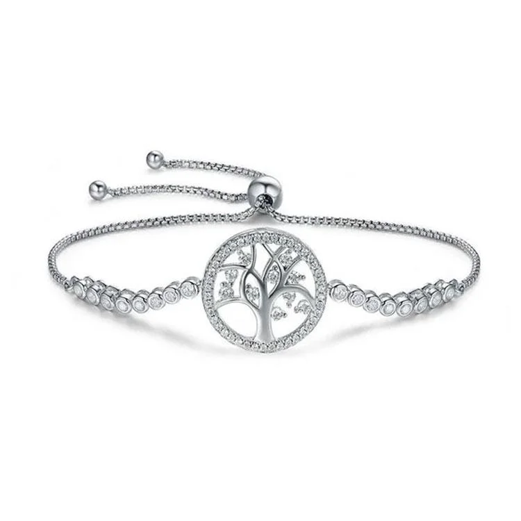 gold bangles with gemstones for women-Tree of Life Adjustable 925 Sterling Silver Tennis Bracelet