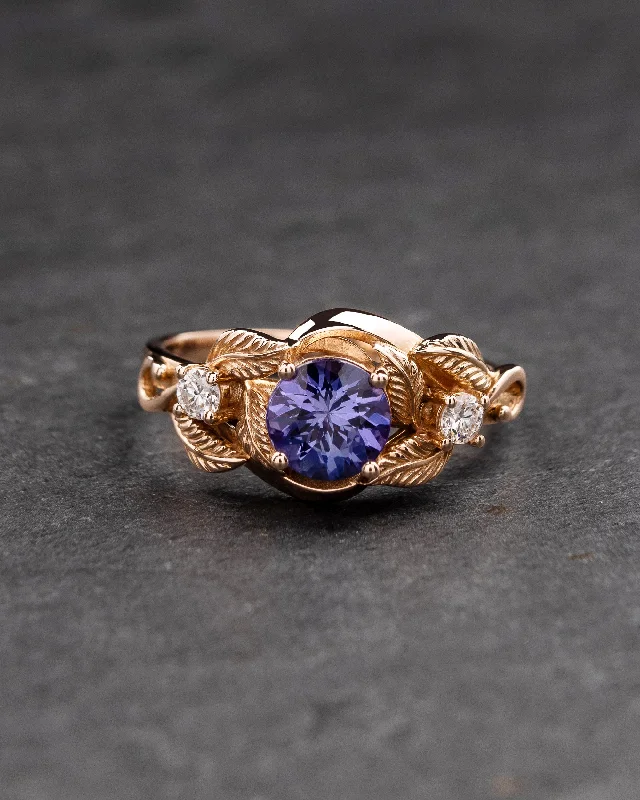 Purple tanzanite engagement ring with golden leaves / Azalea