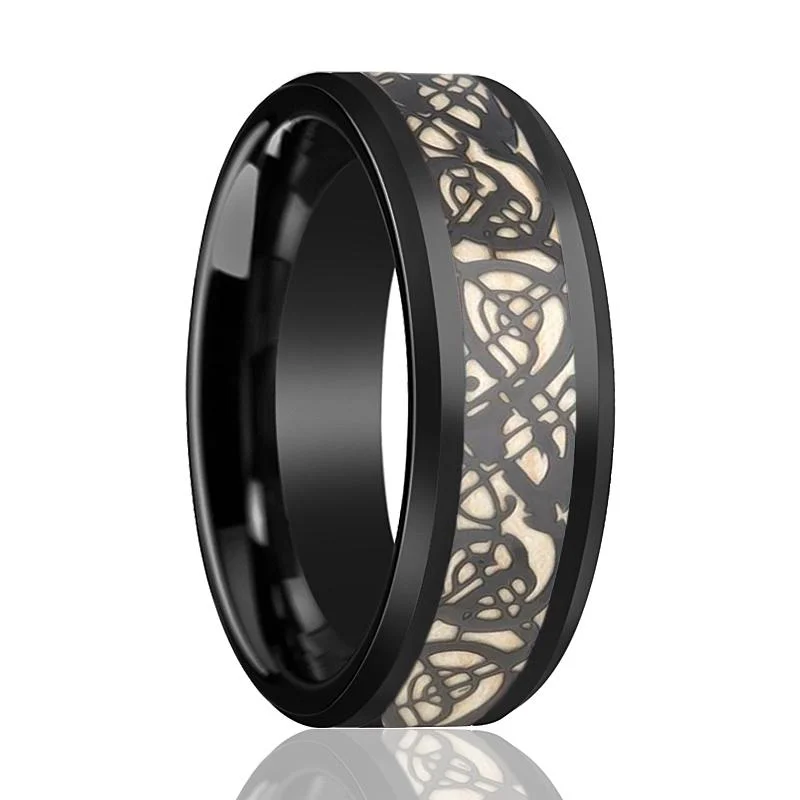 emerald engagement rings for women-LEON | Black Tungsten Ring, Celtic Design Cutout Inlay, Beveled