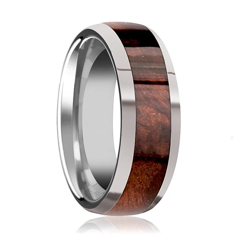 white gold engagement rings for women-GROVE | Silver Tungsten Ring, Red Wood Inlay, Domed