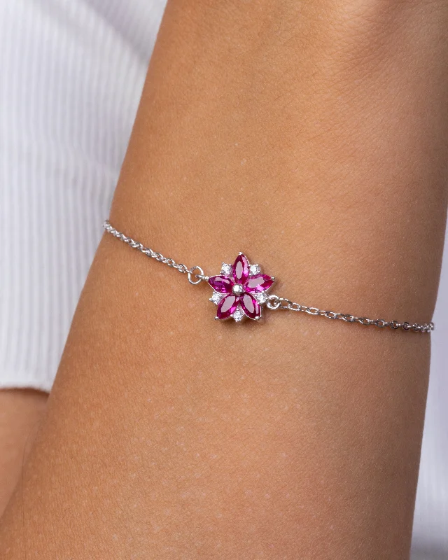 silver bangles for women-Zircon Pink Flower Bracelet