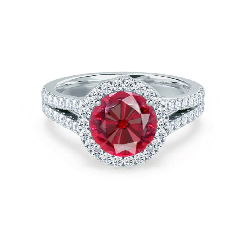 AMELIA - Chatham® Lab Grown Red Ruby & Diamond Platinum Halo Ring