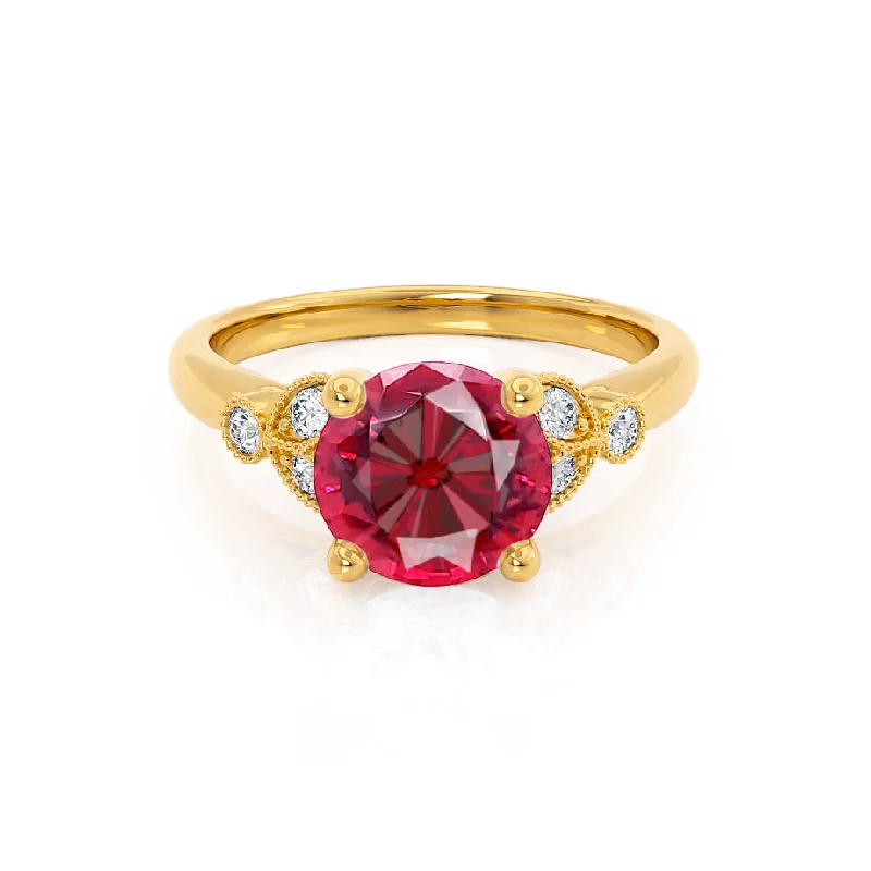 DELILAH - Chatham® Round Ruby 18k Yellow Gold Shoulder Set Ring