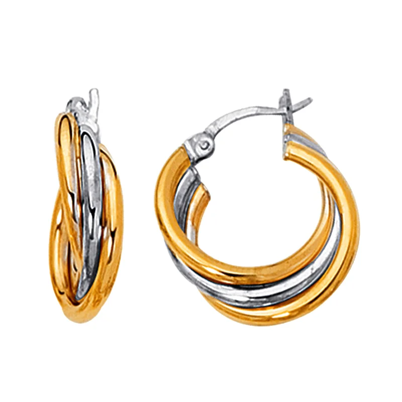 sterling silver earrings for women-14K Yellow And White Gold Two Tone Triple Row Hoop Earrings, Diameter 20mm