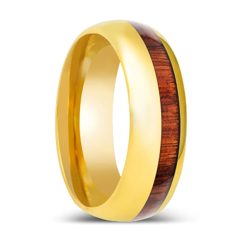 white gold engagement rings for women-HUBERT | Gold Tungsten Ring, Koa Wood Inlay, Domed