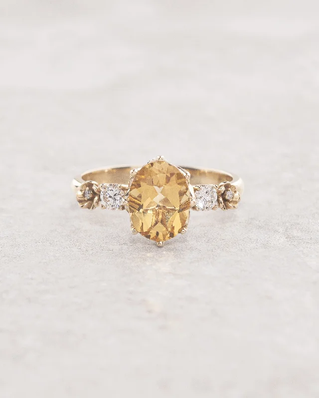 Sunny citrine engagement ring with diamonds and golden flowers / Fiorella