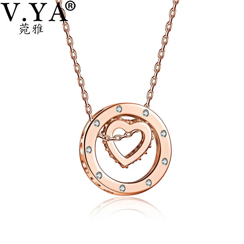 layered necklaces for women-V.YA 925 Sterling Silver Crystal Heart Pendant Necklaces For Women Silver Necklace