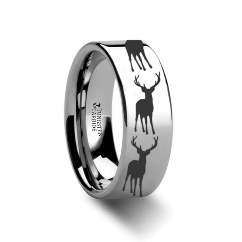 bespoke engagement rings for women-Stag Fawn Deer Elk Print Laser Engraved Animal Design Tungsten Couple Matching Ring - 4MM - 12MM