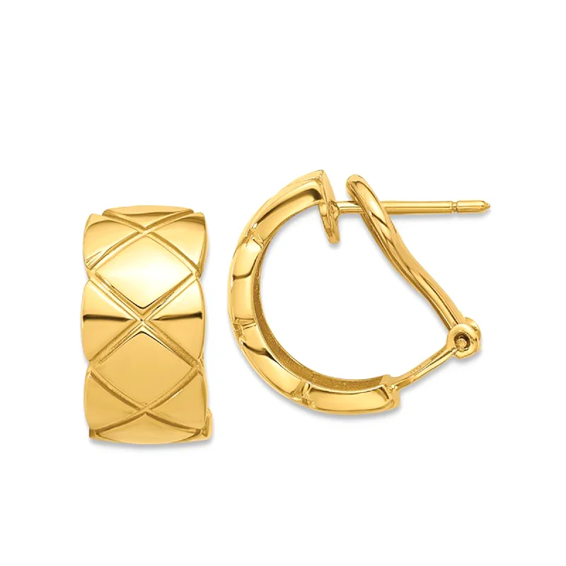 cute earrings for women-18K Real Yellow Gold Criss Cross Omega Back C-Hoop Earrings, 17mm Diameter